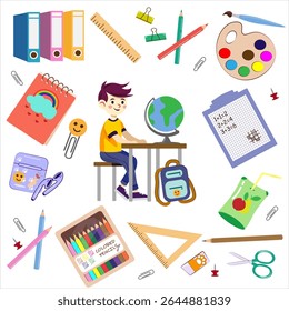 Illustration of a schoolboy at a desk surrounded by colorful school supplies like a globe, backpack, notebook, pencils. Bright, playful BACK TU SCHOOL concept for children and education themes.