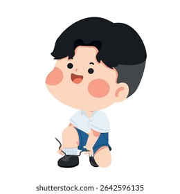Illustration of Schoolboy Tying Shoelaces cartoon