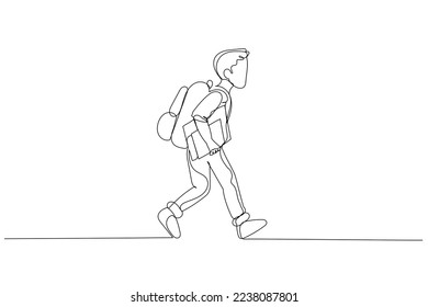 Ilustración de un escolar con uniforme corriendo y sosteniendo un libro. Estilo de la línea continua única