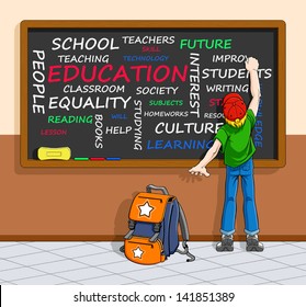 Illustration of schoolboy writing a word-cloud about education on a chalkboard. You can clear the words and write your ones.