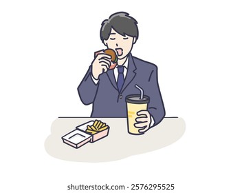 Illustration of schoolboys in uniform eating fast food	