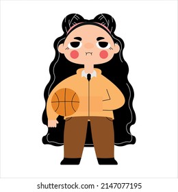 illustration of a schoolgirl girl in a school uniform holding a basketball in one hand and in the pocket of a hoodie in the other