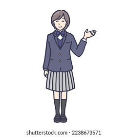  Illustration of a schoolgirl in school uniform giving a tour