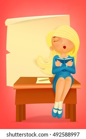 Illustration of schoolgirl sitting with book on table. Vector illustration