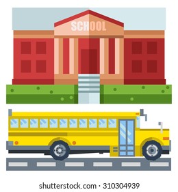 Illustration of schools and school bus is perfect for the beginning of the school year. Performing a cartoon-style, All pohrupovanno on separate layers without errors.