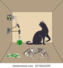 Illustration of Schrodinger's cat: the concept of quantum mechanics demonstrating the paradox of a living and dead cat in a box, with a radioactive element, a hammer, and a poison flask.