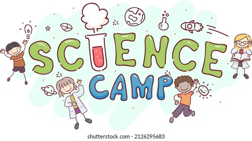 Illustration von Science Camp Lettering mit Science Icons und Stickman Kids mit Laborgräben