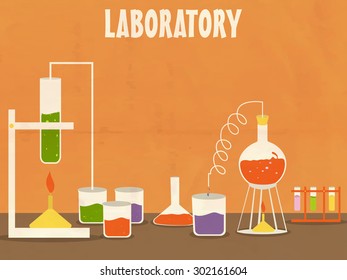 Illustration of a Science laboratoty with various beaker and flask for experiment on grungy orange background.