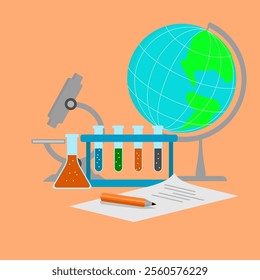 Illustration of science research and chemical or biological testing laboratory equipment. Flat style modern vector illustration. eps 1
