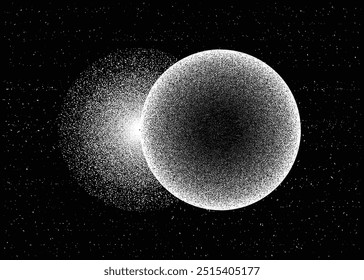 Ilustração de conceitos científicos: dispersão de luz e densidade de partículas, um orbe cósmico celeste. A delicada interação entre luz e partículas