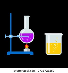Ilustración de un experimento científico con un vaso lleno de un líquido amarillo y un matraz de fondo redondo que contiene un líquido púrpura, ambos instalados en un soporte de laboratorio.