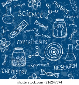 Illustration of scientific experiments on blue background. Seamless pattern.