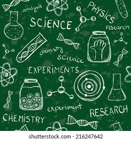 Illustration of scientific experiments on school board. Seamless pattern.