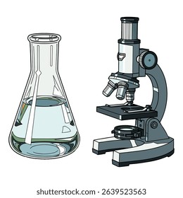 Illustration of a Scientific Laboratory: Flask and Microscope Isolated on White Background