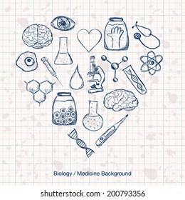 Illustration of scientific stuff in heart shape. Hand drawn style.