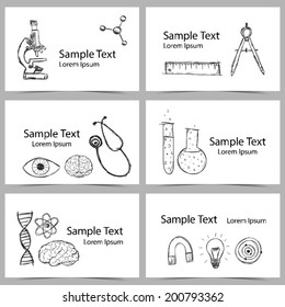 Illustration of scientific stuff on cards. Hand drawn style.