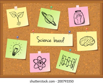 Illustration of scientific stuff on cork board. Hand drawn style.