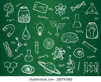Illustration of scientific stuff on green school board. Hand drawn style.