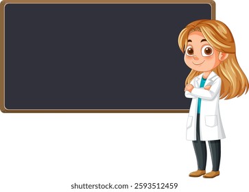 Illustration of a scientist beside a blank blackboard