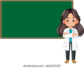 Ilustração de um cientista com um quadro-negro