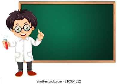Illustration eines Wissenschaftlers vor einem Klassenzimmer