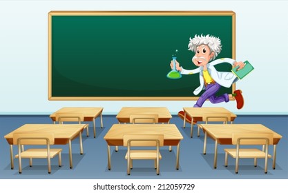 Illustration of a scientist in front of a classroom
