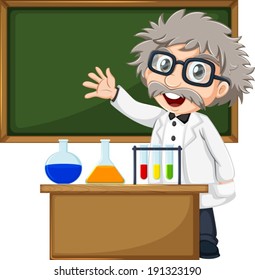 Illustration of a scientist in front of the empty blackboard on a white background