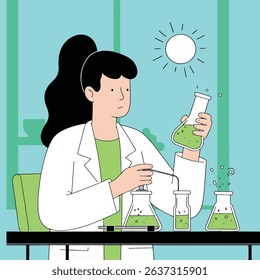 Illustration of a scientist in a lab coat holding a flask with green liquid, with other beakers and a bright sun in the background.
