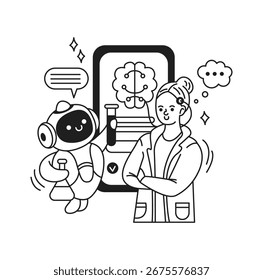 Illustration of a scientist and robot in a lab setting. Black and white cartoon style. Displays collaboration in AI development. Suitable for tech and science themes.