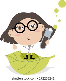 Illustration of scientists. A biologist experimenting something on the green big leaf.