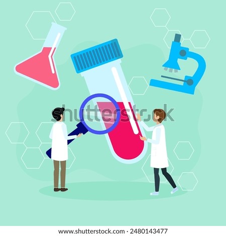 Illustration of scientists in a lab analyzing test tubes with a magnifying glass and microscope. Ideal for scientific and educational purposes.