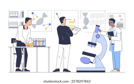 Illustration of scientists in a laboratory setting with test tubes, microscope, and DNA posters on a white background. Concept of research and science. Vector illustration