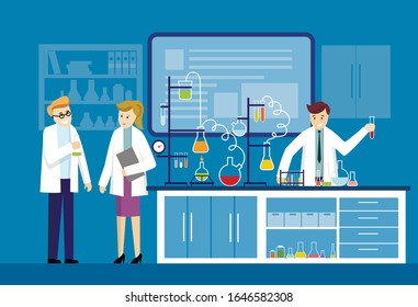 Illustration of scientists two men and woman working at science lab Chemical experiment lab testing flat vector illustration Scientists in white coats analyzing liquid in tubes lab cartoon characters