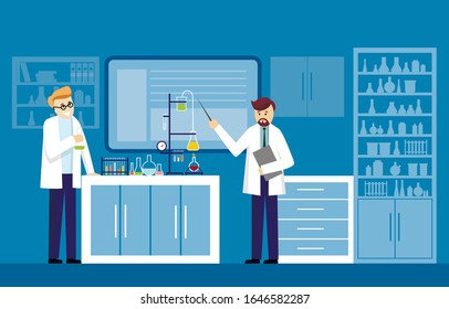 Illustration of scientists two men working at science lab Chemical experiment lab testing flat vector illustration Scientists in white coats analyzing liquid in tubes lab cartoon characters