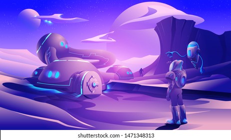 An illustration of sci-fi scene, humankind are colonizing on a far-away planet in the universe. Spaceman mining or doing geological experimenting on an alien planet. Interstellar settlement.