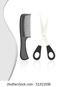 Illustration of scissors and comb on curvy background