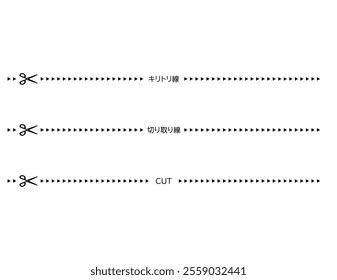 Illustration of scissors and cut lines.　Dashed line.　Dotted line.　The characters are written in Japanese as cut lines.