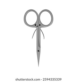 Illustration of scissors with a cute face, cheerful expression, and simple cartoon style, isolated on a white background.