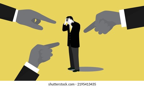 An illustration of a scolded businessman,Worried man holding his head,
surrounded by big hands,vector illustration