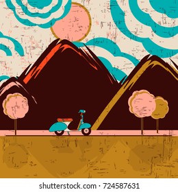 an illustration of a scooter, mountains and clouds. For lovers of retro motorcycles. It can be used for logos, websites, brochures, postcards, etc.