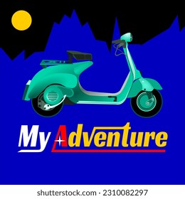 Illustration of scooter and writing art "My Adventure", perfect for printing on t-shirts, jackets, hat, sticker or accessories