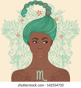 Illustration of Scorpio astrological sign as a beautiful African American girl. Zodiac vector illustration isolated on white. Future telling, horoscope, alchemy, spirituality, fashion black woman. 