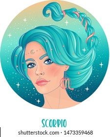 Illustration of Scorpio astrological sign as a beautiful girl. Zodiac vector illustration isolated on white. Future telling, horoscope, alchemy, spirituality, occultism, fashion woman.