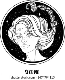 Illustration of Scorpio astrological sign as a beautiful girl. Zodiac vector drawing isolated in black and white. Future telling, horoscope, alchemy, spirituality. Coloring book for adults.