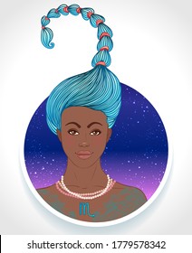 Illustration of Scorpio astrological sign as a beautiful African American girl. Zodiac vector illustration isolated on white. Future telling, horoscope, alchemy, spirituality, fashion black woman.