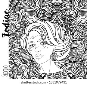 Illustration of Scorpio astrological sign as a beautiful girl. Zodiac vector drawing isolated in black and white. Future telling, horoscope, alchemy, spirituality. Coloring book for adults.