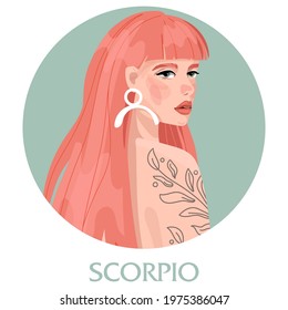 Illustration of Scorpio astrological sign as a beautiful girls. Zodiac vector illustration isolated on white. Future telling, horoscope, alchemy, spirituality, occultism, fashion woman.