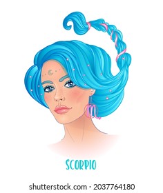 Illustration of Scorpio astrological sign as a beautiful girl. Zodiac vector illustration isolated on white. Future telling, horoscope, alchemy, spirituality, occultism, fashion woman.