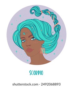 Illustration of Scorpio astrological sign as a beautiful African American girl. Zodiac vector illustration isolated on white. Future telling, horoscope, fashion black woman.