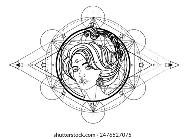 Illustration of Scorpio astrology sign as a beautiful girl over sacred geometry frame. Zodiac vector drawing isolated in black and white. Future telling, horoscope, spirituality.